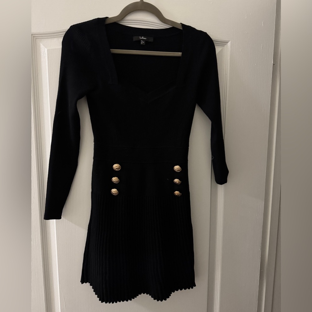 Lulus Black Ribbed Mini Dress Gold Button Detail Long Sleeve Size S - Picture 5 of 7